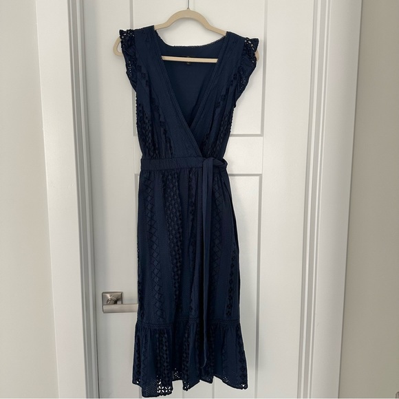 J. Crew Navy Eyelet Wrap Midi Dress - Picture 2 of 6